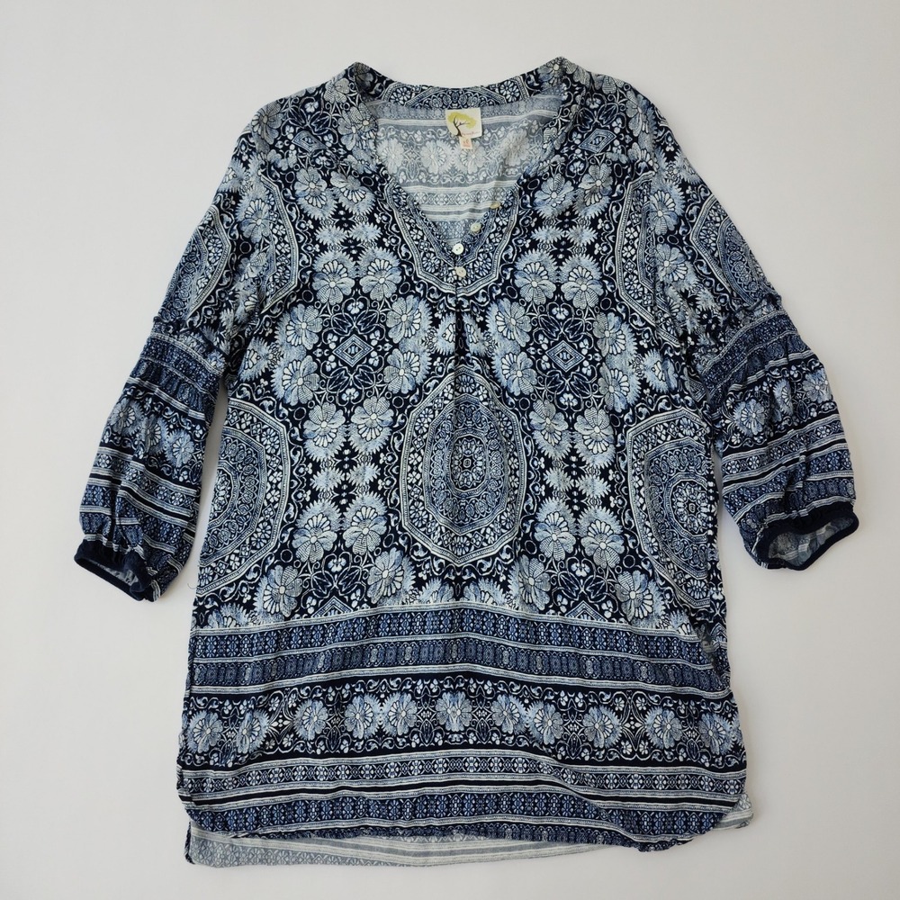 Fig and Flower Blue Paisley Floral Medallion Boho Tunic Top XL Womens 3/4 Sleeve